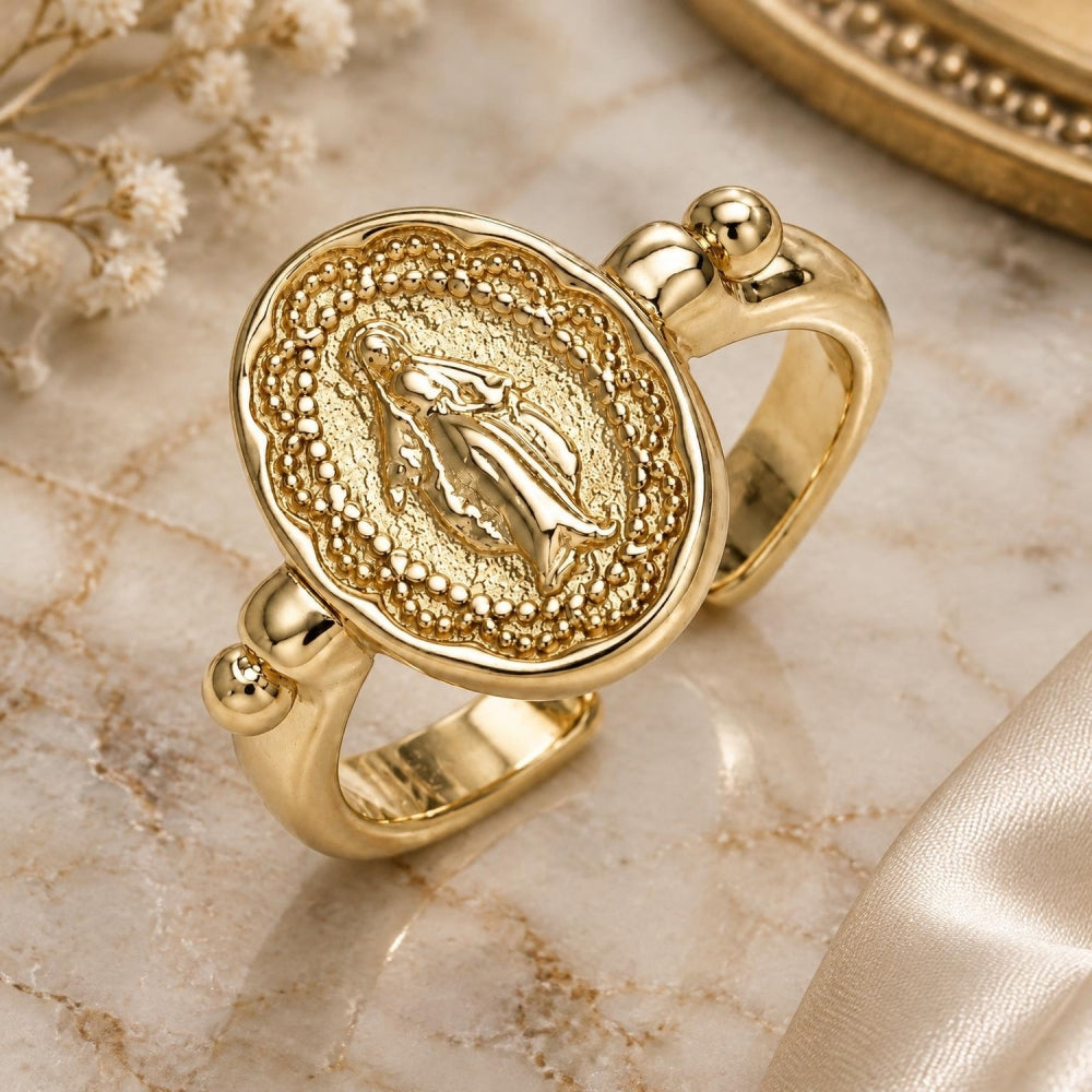 Oro Laminado Elegant Ring, Gold Filled Style Virgen Maria Design, Polished, Golden Finish