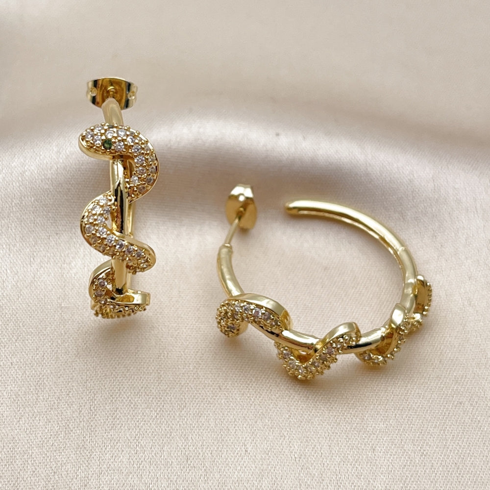Oro Laminado Stud Earring, Gold Filled Style Snake Design, with White and Green Micro Pave, Polished, Golden Finish