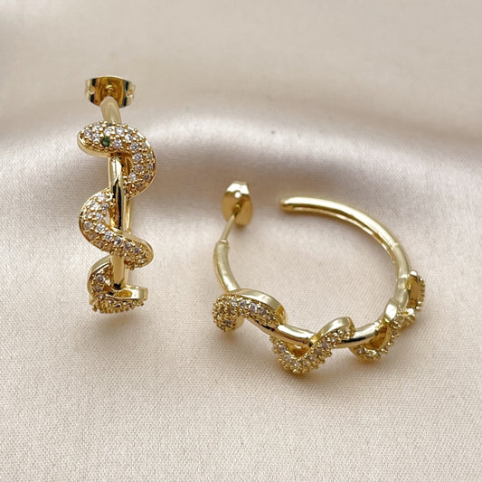 Oro Laminado Stud Earring, Gold Filled Style Snake Design, with White and Green Micro Pave, Polished, Golden Finish