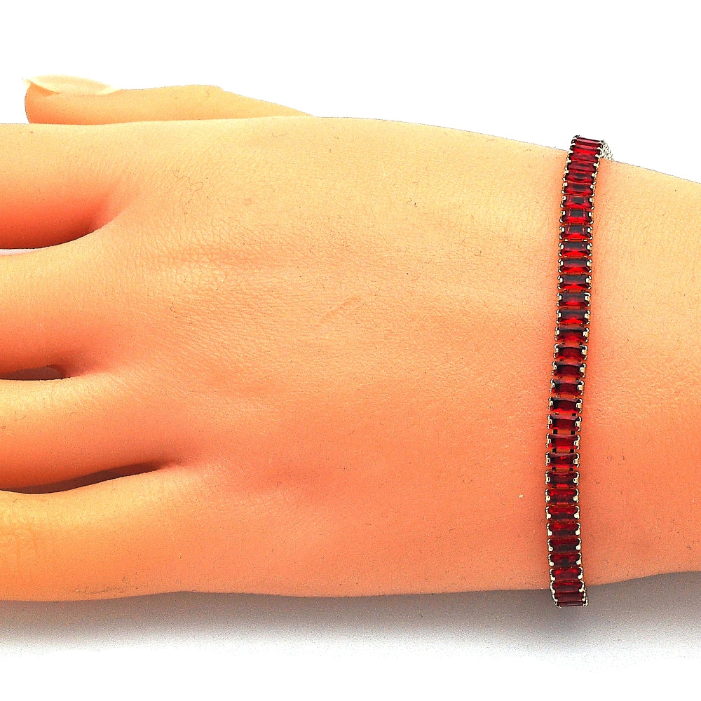 Oro Laminado Tennis Bracelet, Gold Filled Style Baguette Design, with Garnet Cubic Zirconia, Polished, Golden Finish