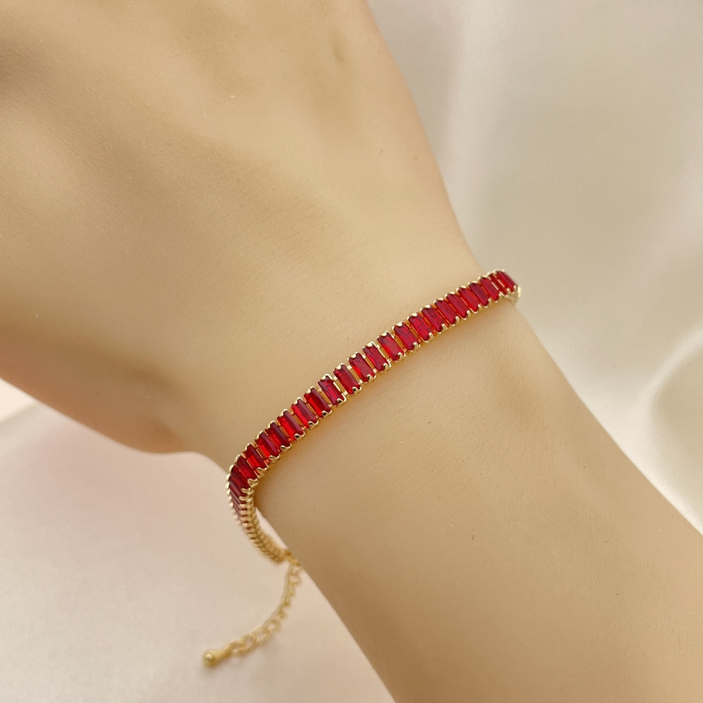 Oro Laminado Tennis Bracelet, Gold Filled Style Baguette Design, with Garnet Cubic Zirconia, Polished, Golden Finish