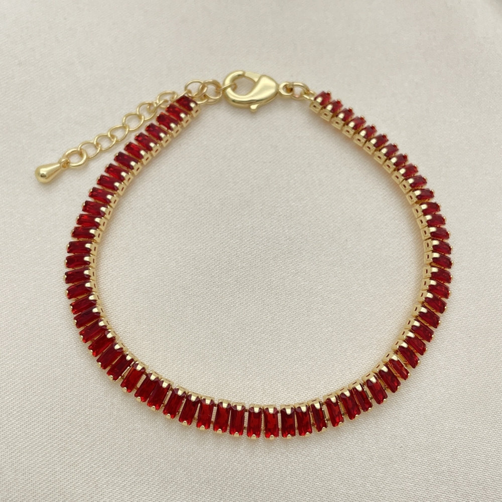 Oro Laminado Tennis Bracelet, Gold Filled Style Baguette Design, with Garnet Cubic Zirconia, Polished, Golden Finish