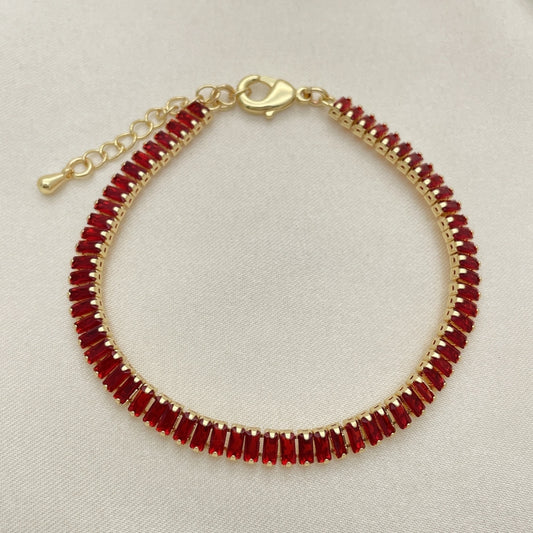 Oro Laminado Tennis Bracelet, Gold Filled Style Baguette Design, with Garnet Cubic Zirconia, Polished, Golden Finish