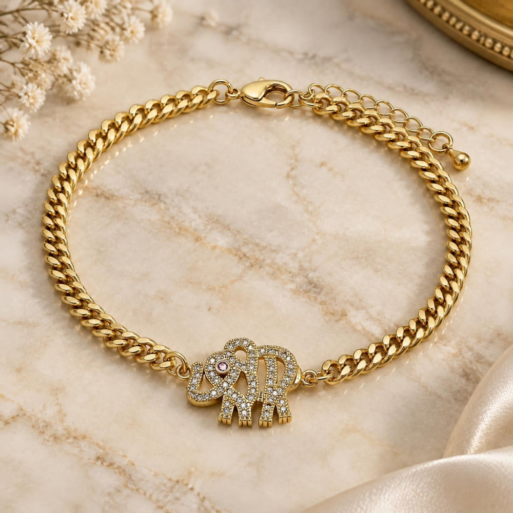 Oro Laminado Fancy Bracelet, Gold Filled Style Elephant Design, with White and Garnet Micro Pave, Polished, Golden Finish