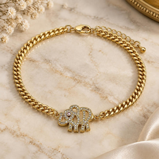 Oro Laminado Fancy Bracelet, Gold Filled Style Elephant Design, with White and Garnet Micro Pave, Polished, Golden Finish