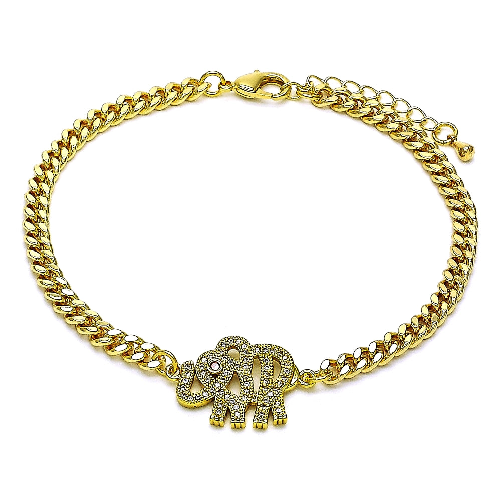 Oro Laminado Fancy Bracelet, Gold Filled Style Elephant Design, with White and Garnet Micro Pave, Polished, Golden Finish