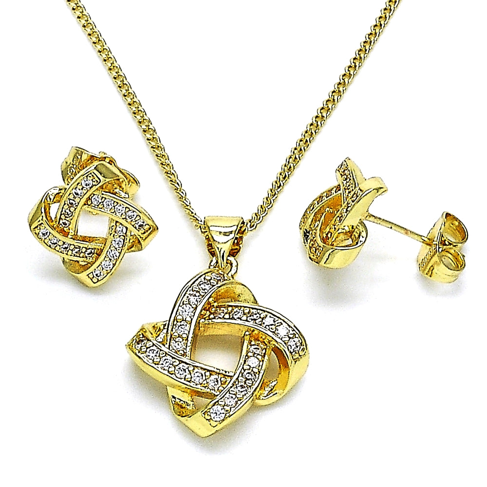 Oro Laminado Earring and Pendant Adult Set, Gold Filled Style Love Knot Design, with White Micro Pave, Polished, Golden Finish