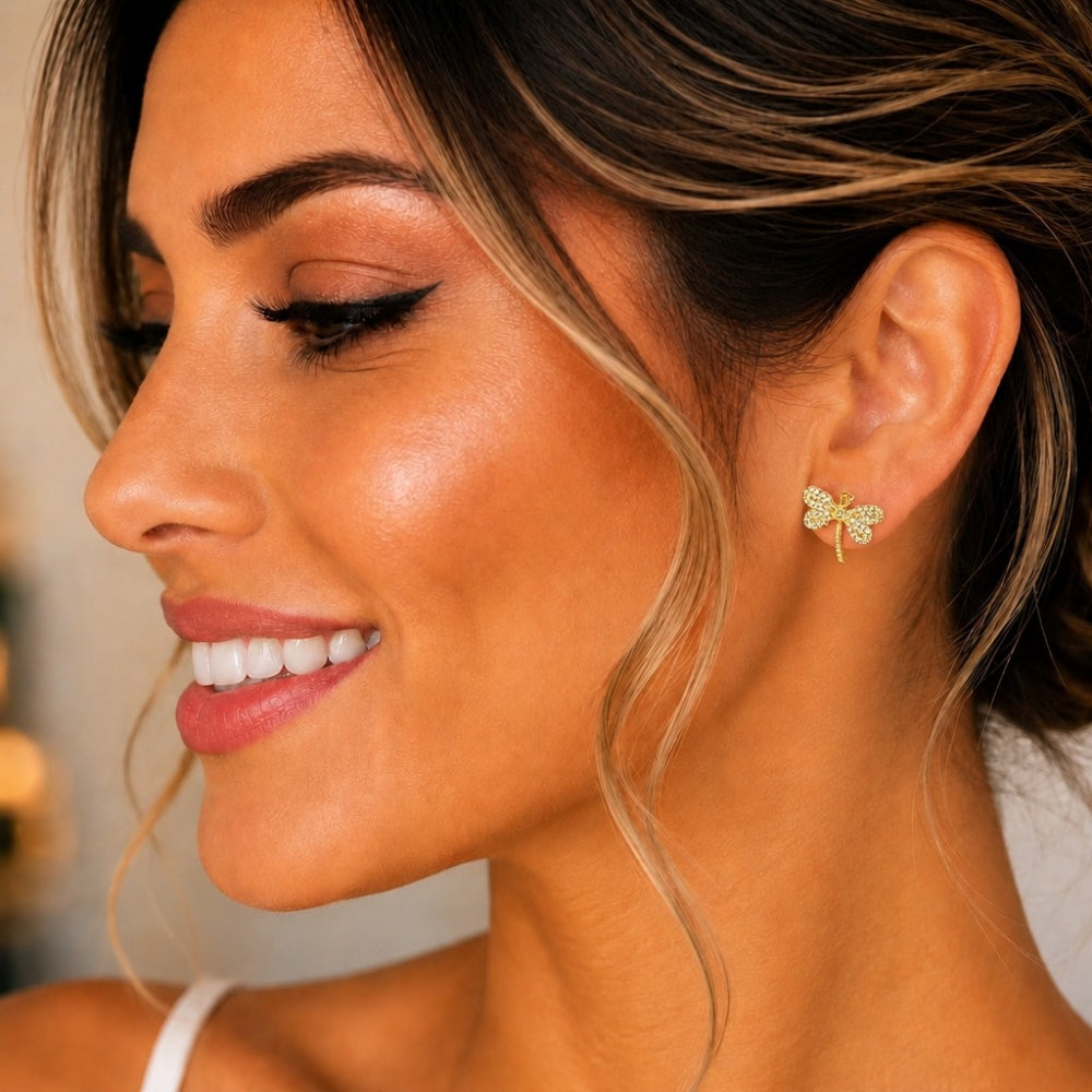 Oro Laminado Stud Earring, Gold Filled Style Dragon-Fly Design, with White Micro Pave and White Cubic Zirconia, Polished, Golden Finish