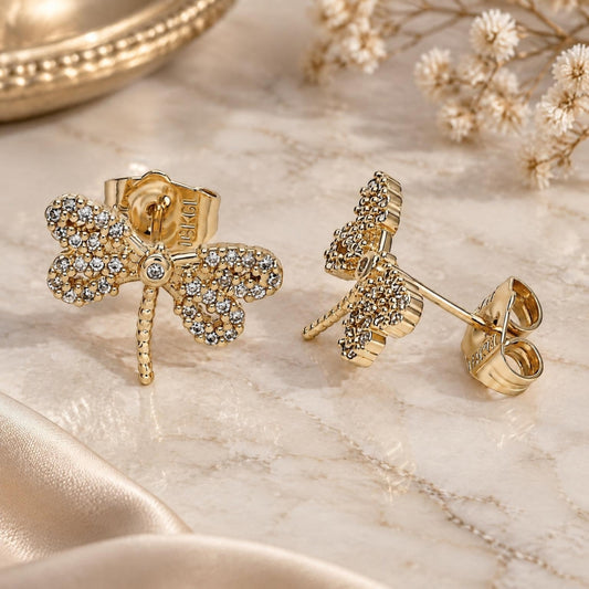 Oro Laminado Stud Earring, Gold Filled Style Dragon-Fly Design, with White Micro Pave and White Cubic Zirconia, Polished, Golden Finish