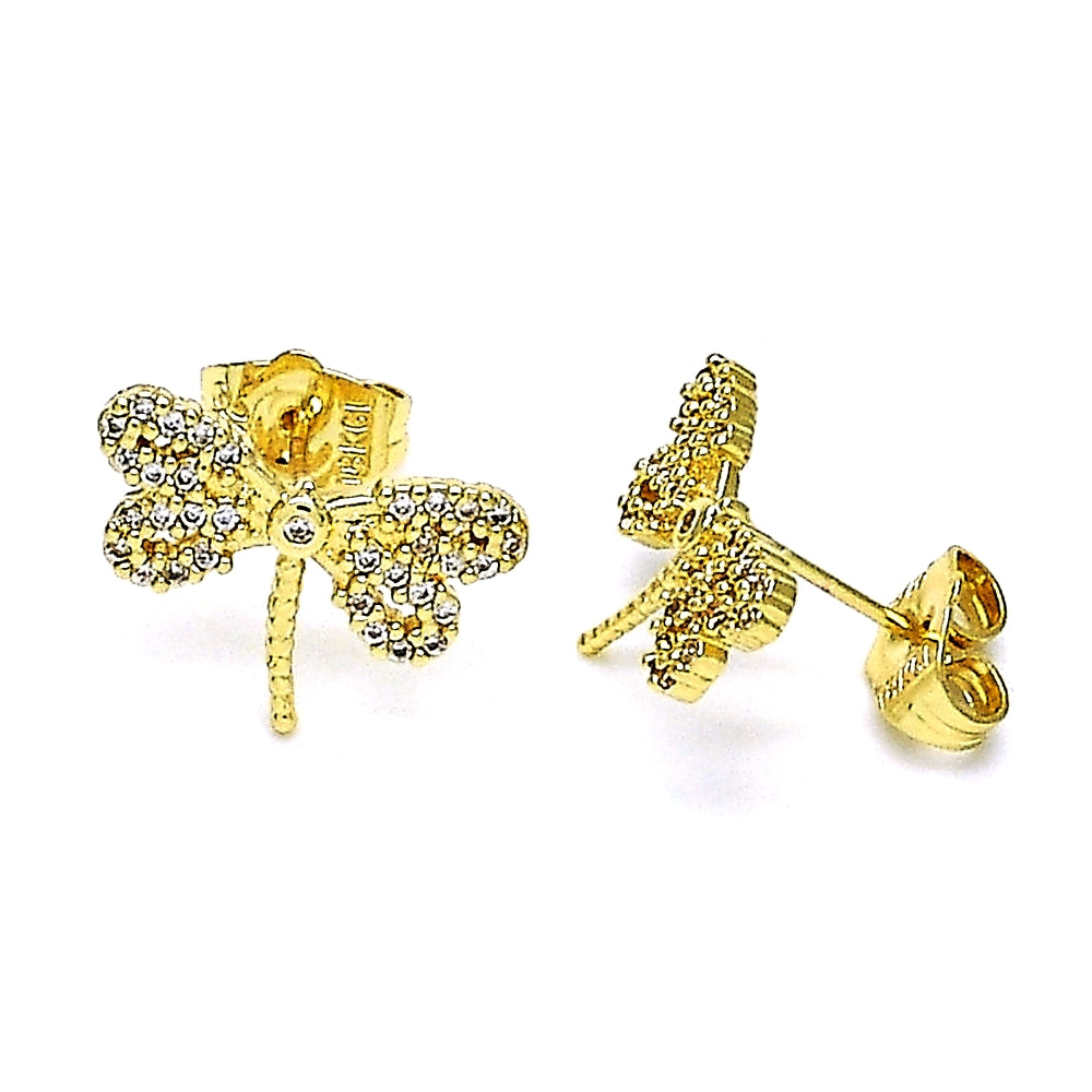 Oro Laminado Stud Earring, Gold Filled Style Dragon-Fly Design, with White Micro Pave and White Cubic Zirconia, Polished, Golden Finish