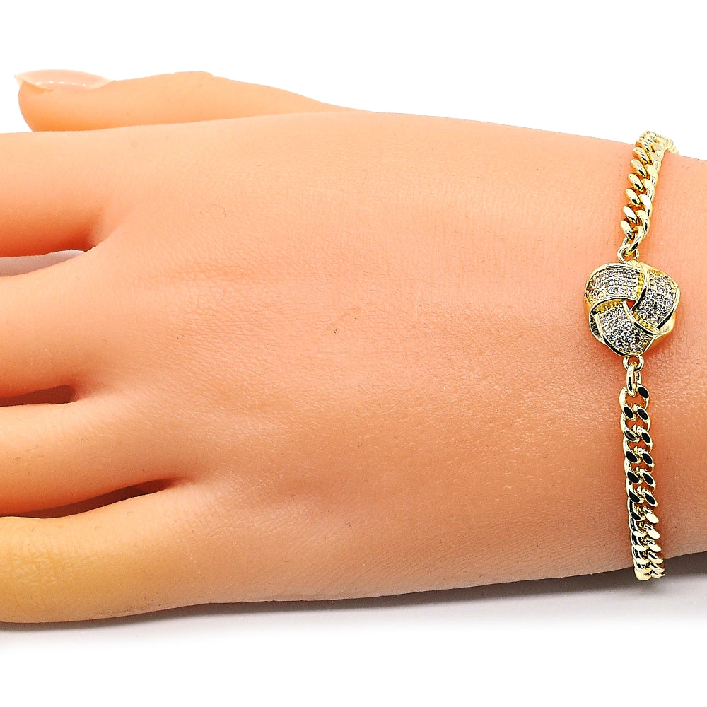 Oro Laminado Fancy Bracelet, Gold Filled Style Love Knot Design, with White Micro Pave, Polished, Golden Finish