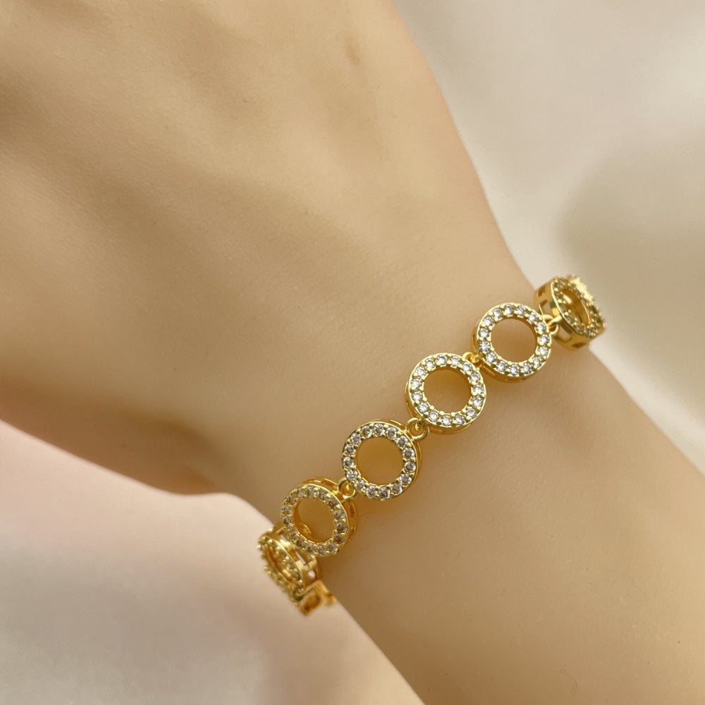 Oro Laminado Fancy Bracelet, Gold Filled Style with White Micro Pave, Polished, Golden Finish