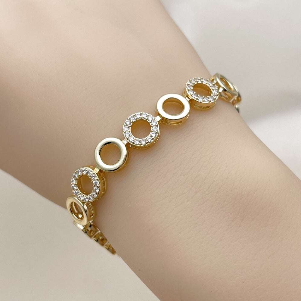 Oro Laminado Fancy Bracelet, Gold Filled Style with White Micro Pave, Polished, Golden Finish