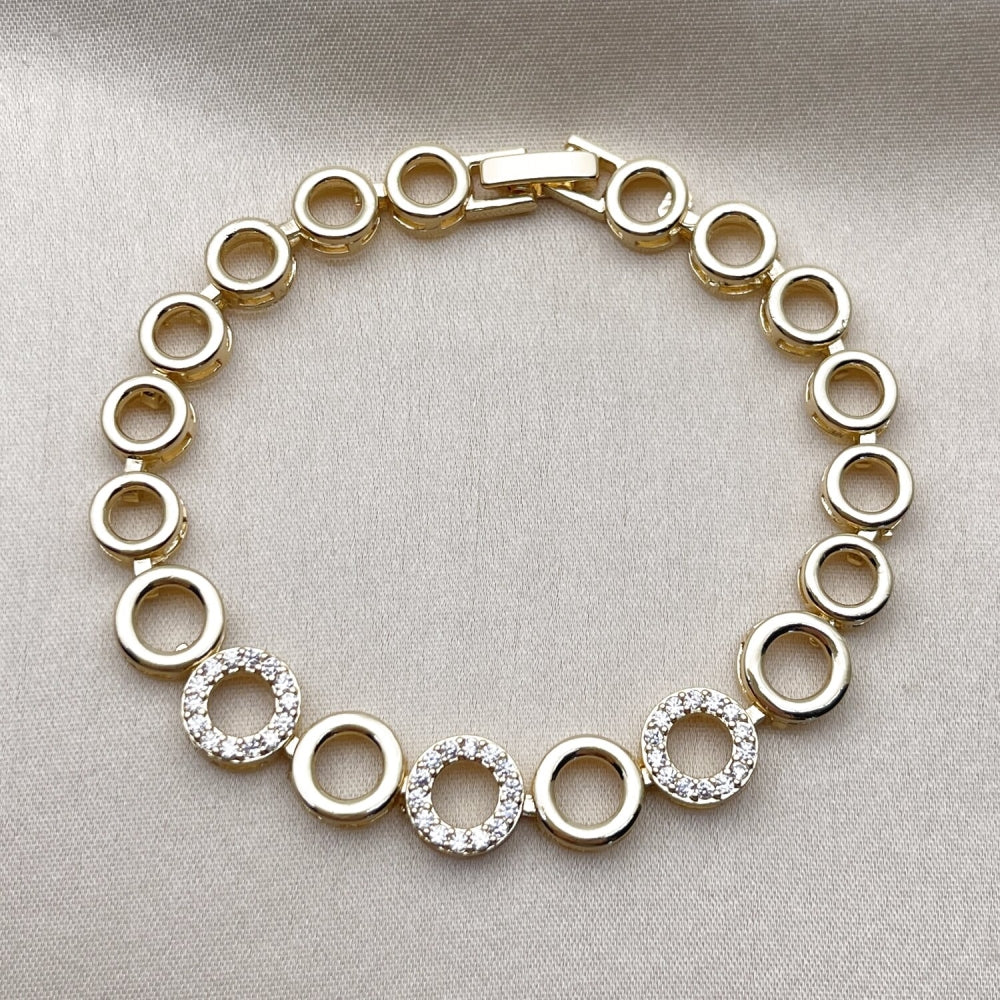 Oro Laminado Fancy Bracelet, Gold Filled Style with White Micro Pave, Polished, Golden Finish
