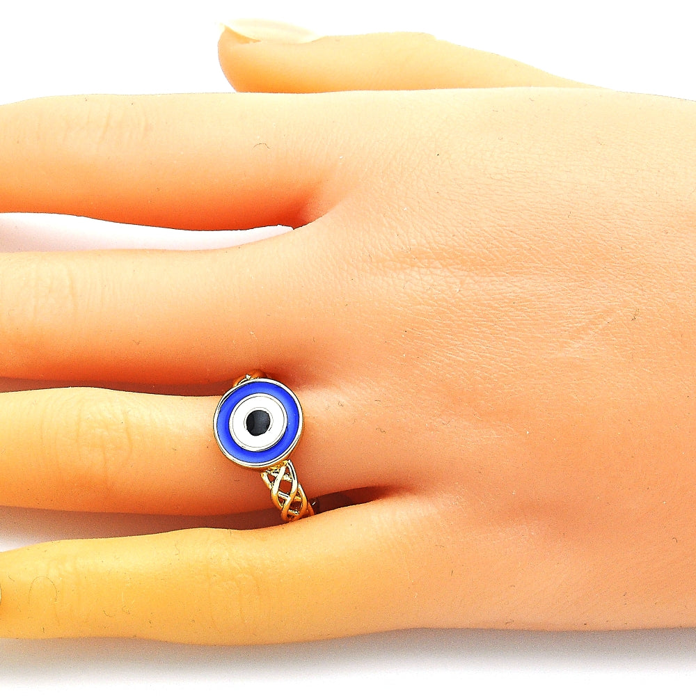 Oro Laminado Elegant Ring, Gold Filled Style Evil Eye Design, Blue Enamel Finish, Golden Finish