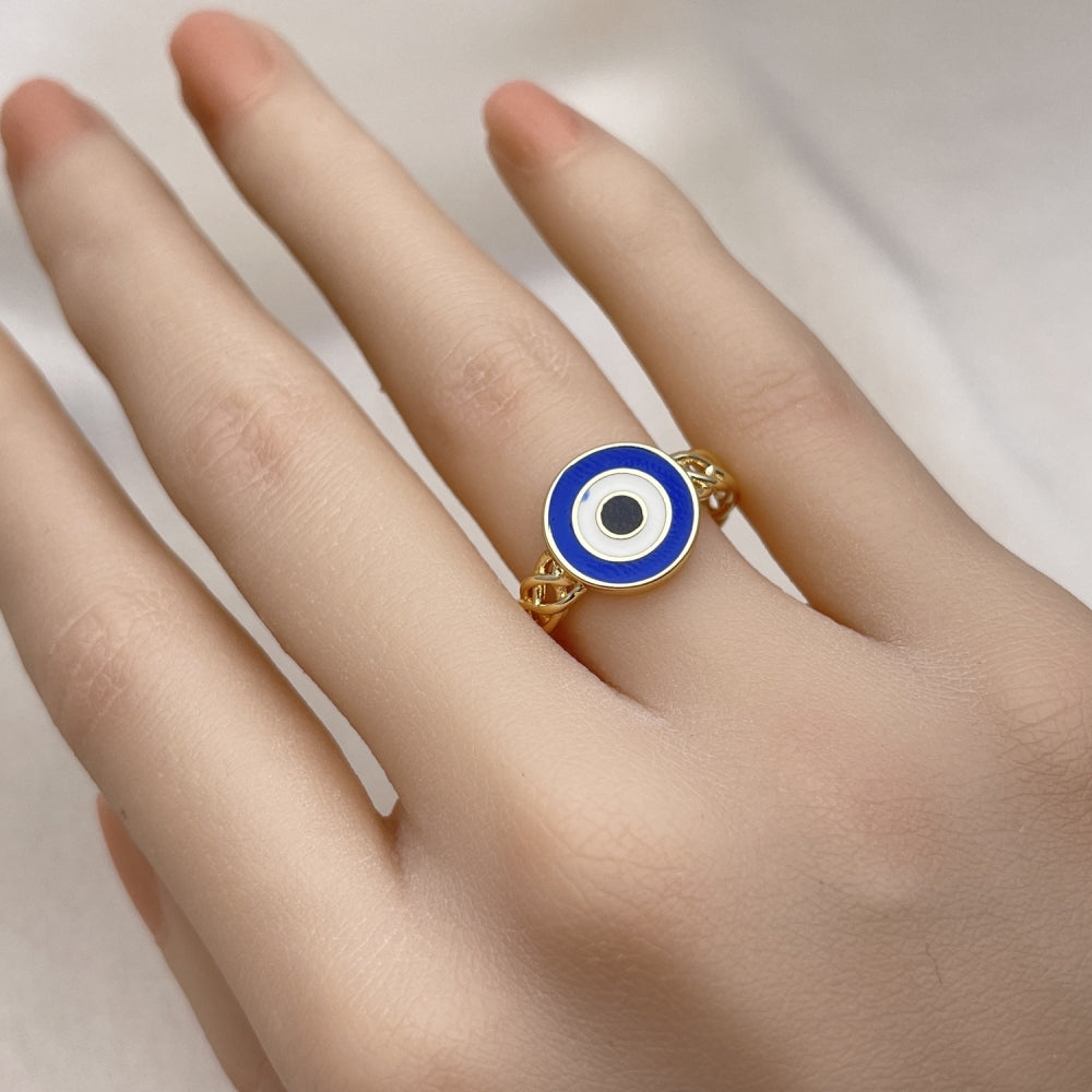 Oro Laminado Elegant Ring, Gold Filled Style Evil Eye Design, Blue Enamel Finish, Golden Finish