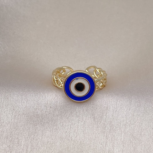 Oro Laminado Elegant Ring, Gold Filled Style Evil Eye Design, Blue Enamel Finish, Golden Finish