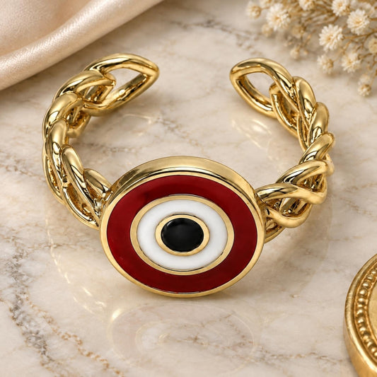 Oro Laminado Elegant Ring, Gold Filled Style Evil Eye Design, Red Enamel Finish, Golden Finish