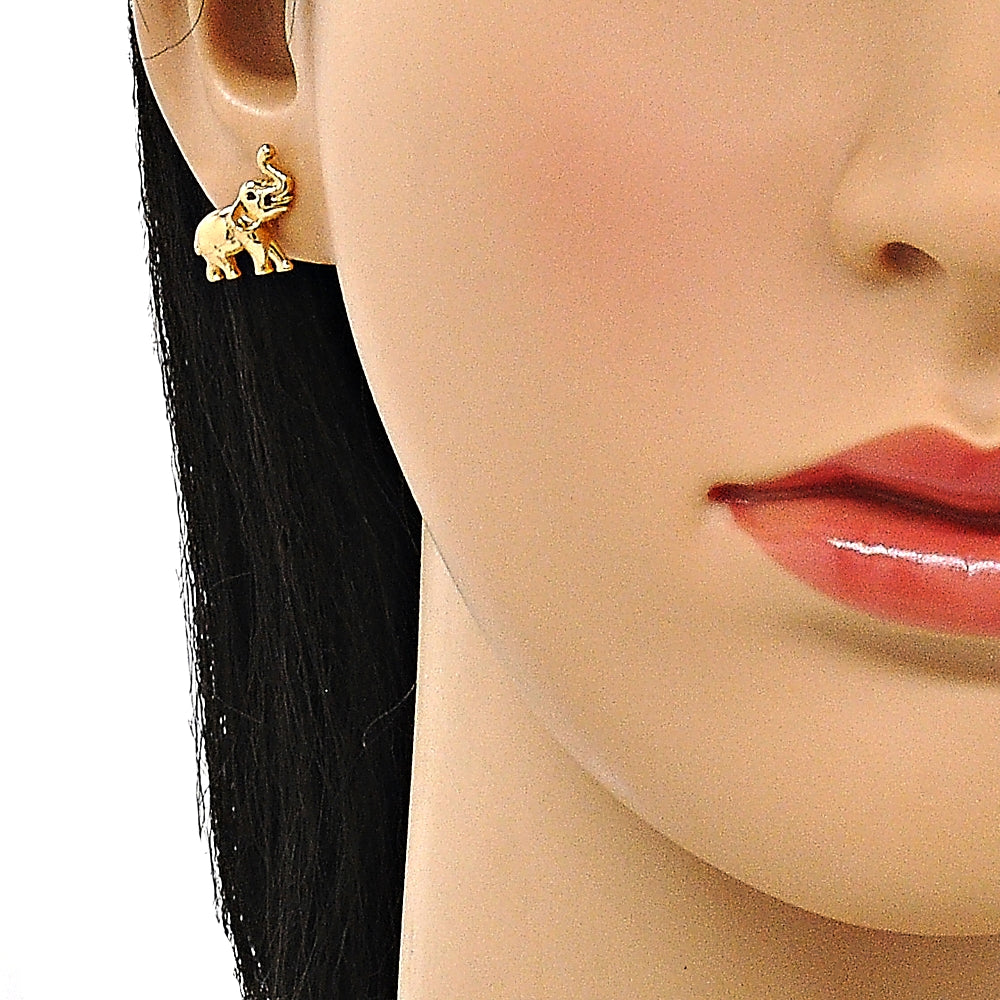 Oro Laminado Stud Earring, Gold Filled Style Elephant Design, with Black Micro Pave, Polished, Golden Finish