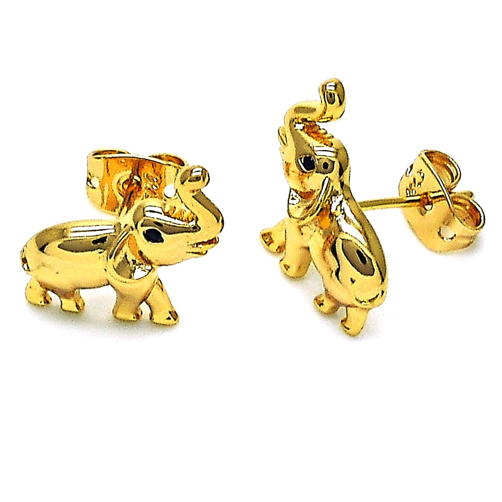 Oro Laminado Stud Earring, Gold Filled Style Elephant Design, with Black Micro Pave, Polished, Golden Finish