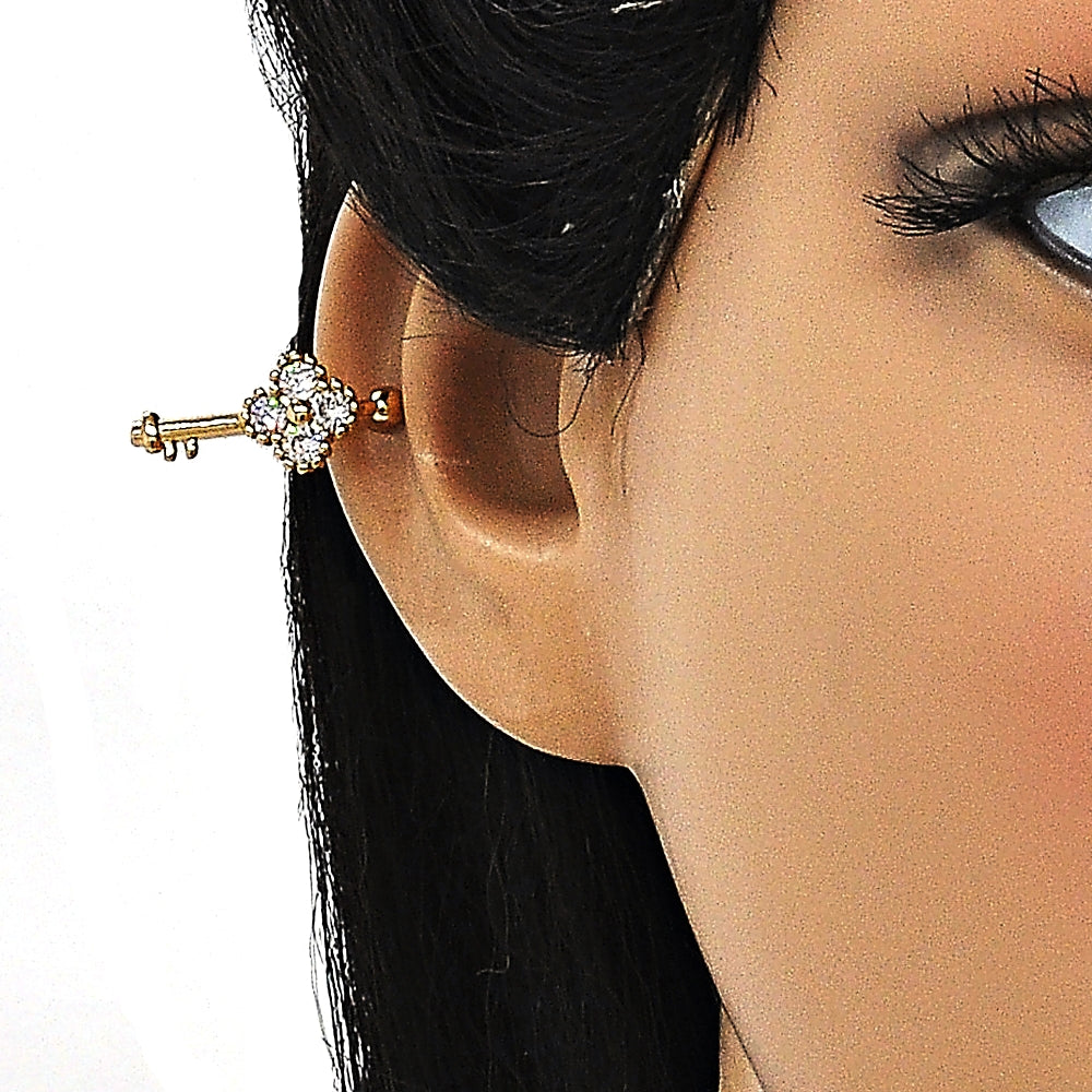 Oro Laminado Earcuff, Gold Filled Style key Design, with White Cubic Zirconia, Polished, Golden Finish
