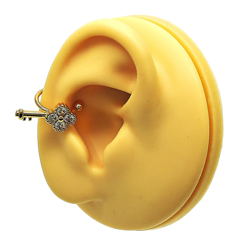 Oro Laminado Earcuff, Gold Filled Style key Design, with White Cubic Zirconia, Polished, Golden Finish