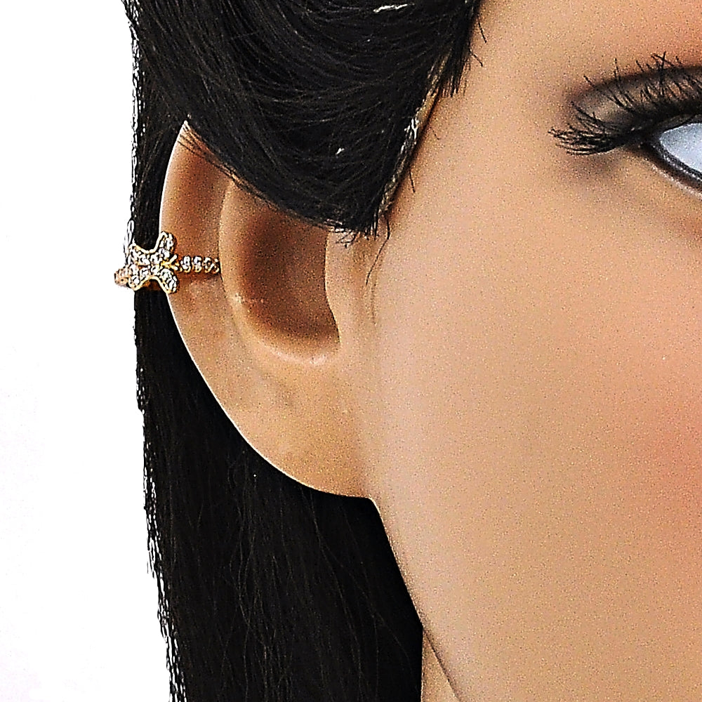 Oro Laminado Earcuff, Gold Filled Style Butterfly Design, with White Micro Pave, Polished, Golden Finish