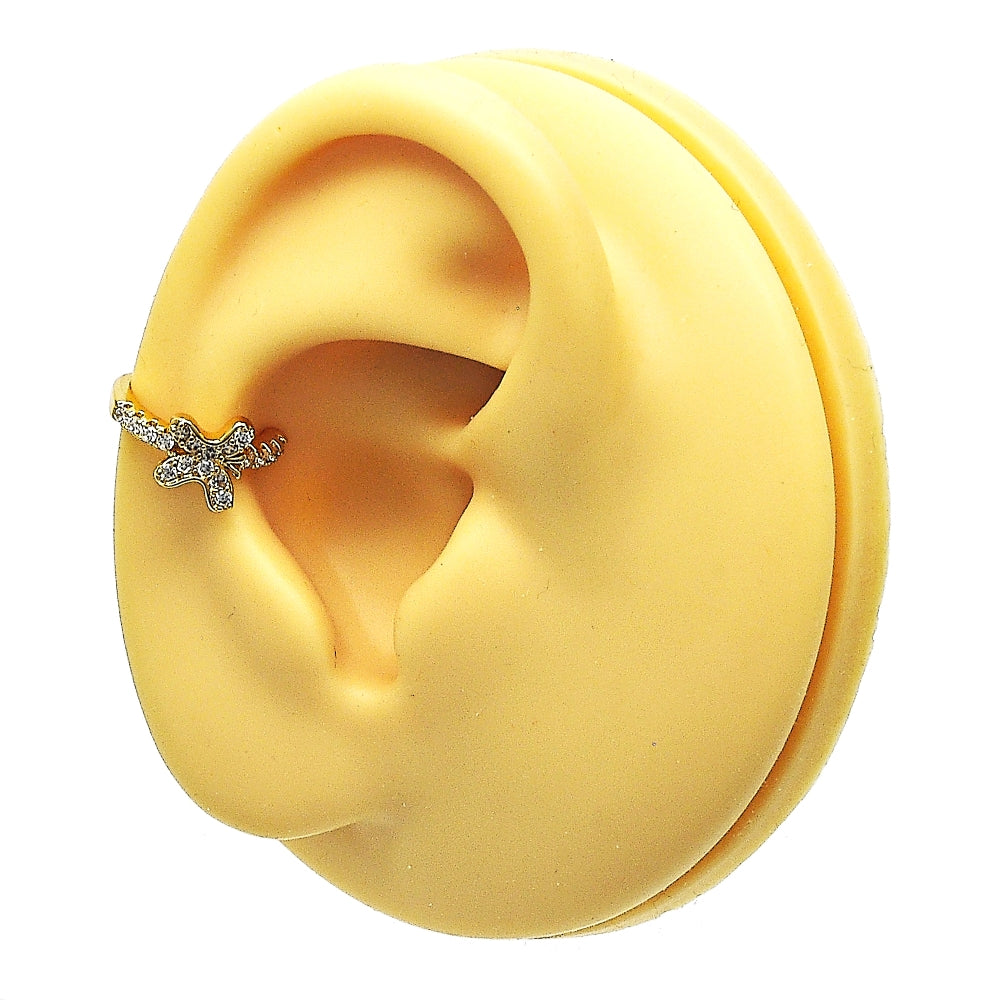 Oro Laminado Earcuff, Gold Filled Style Butterfly Design, with White Micro Pave, Polished, Golden Finish