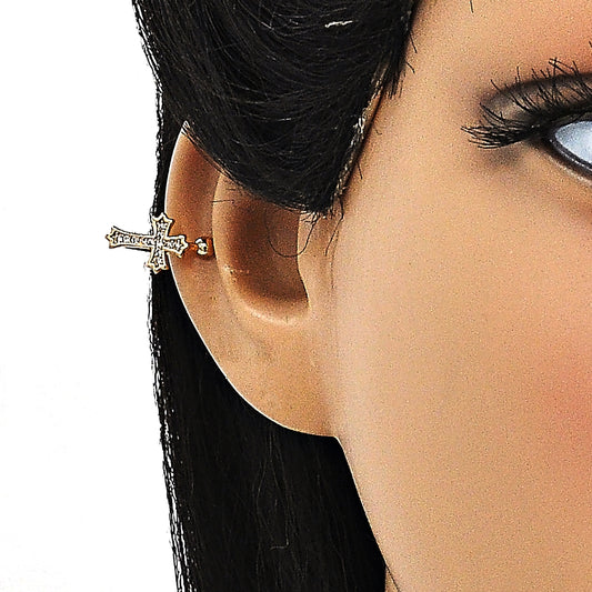 Oro Laminado Earcuff, Gold Filled Style Cross Design, with White Micro Pave, Polished, Golden Finish