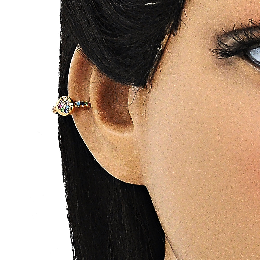 Oro Laminado Earcuff, Gold Filled Style Heart Design, with Multicolor Micro Pave, Polished, Golden Finish