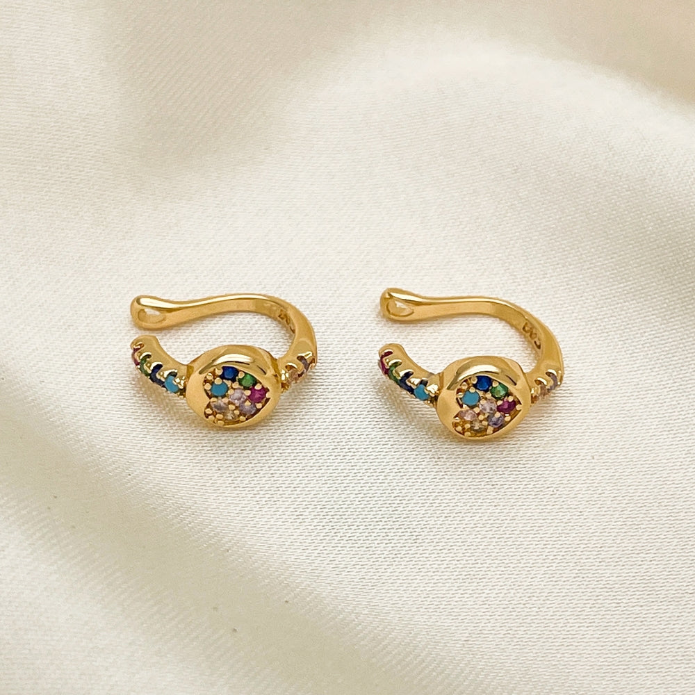 Oro Laminado Earcuff, Gold Filled Style Heart Design, with Multicolor Micro Pave, Polished, Golden Finish