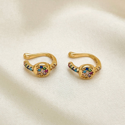 Oro Laminado Earcuff, Gold Filled Style Heart Design, with Multicolor Micro Pave, Polished, Golden Finish