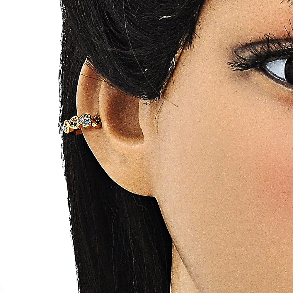 Oro Laminado Earcuff, Gold Filled Style Heart Design, with Multicolor Micro Pave, Polished, Golden Finish