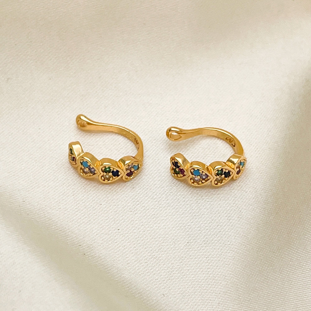 Oro Laminado Earcuff, Gold Filled Style Heart Design, with Multicolor Micro Pave, Polished, Golden Finish