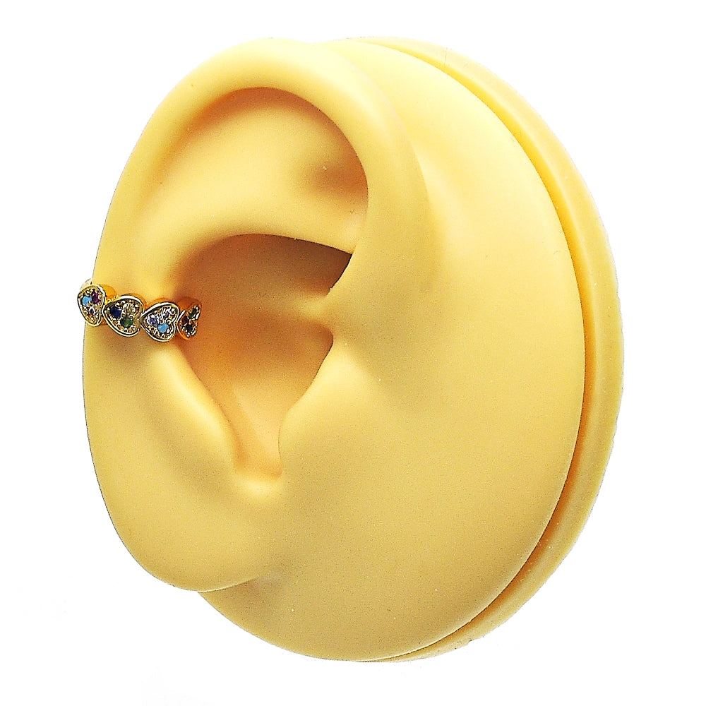 Oro Laminado Earcuff, Gold Filled Style Heart Design, with Multicolor Micro Pave, Polished, Golden Finish