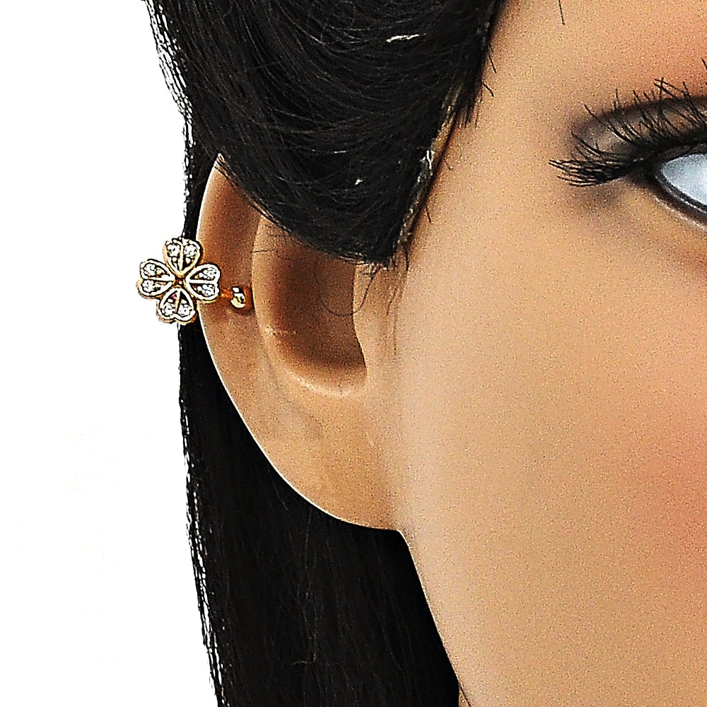 Oro Laminado Earcuff, Gold Filled Style Four-leaf Clover Design, with White Cubic Zirconia, Polished, Golden Finish