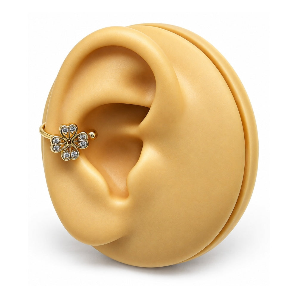 Oro Laminado Earcuff, Gold Filled Style Four-leaf Clover Design, with White Cubic Zirconia, Polished, Golden Finish