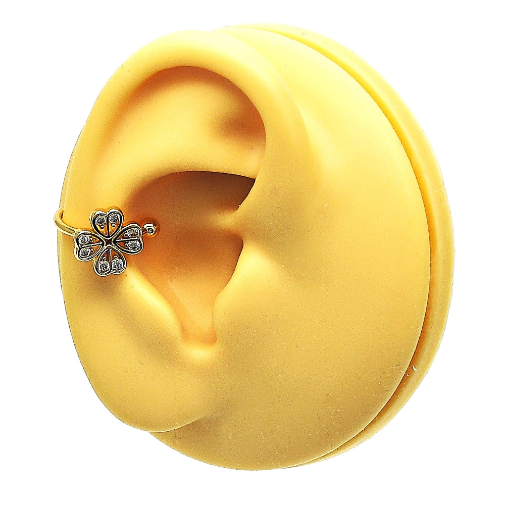 Oro Laminado Earcuff, Gold Filled Style Four-leaf Clover Design, with White Cubic Zirconia, Polished, Golden Finish
