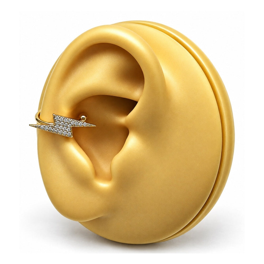 Oro Laminado Earcuff, Gold Filled Style with White Micro Pave, Polished, Golden Finish