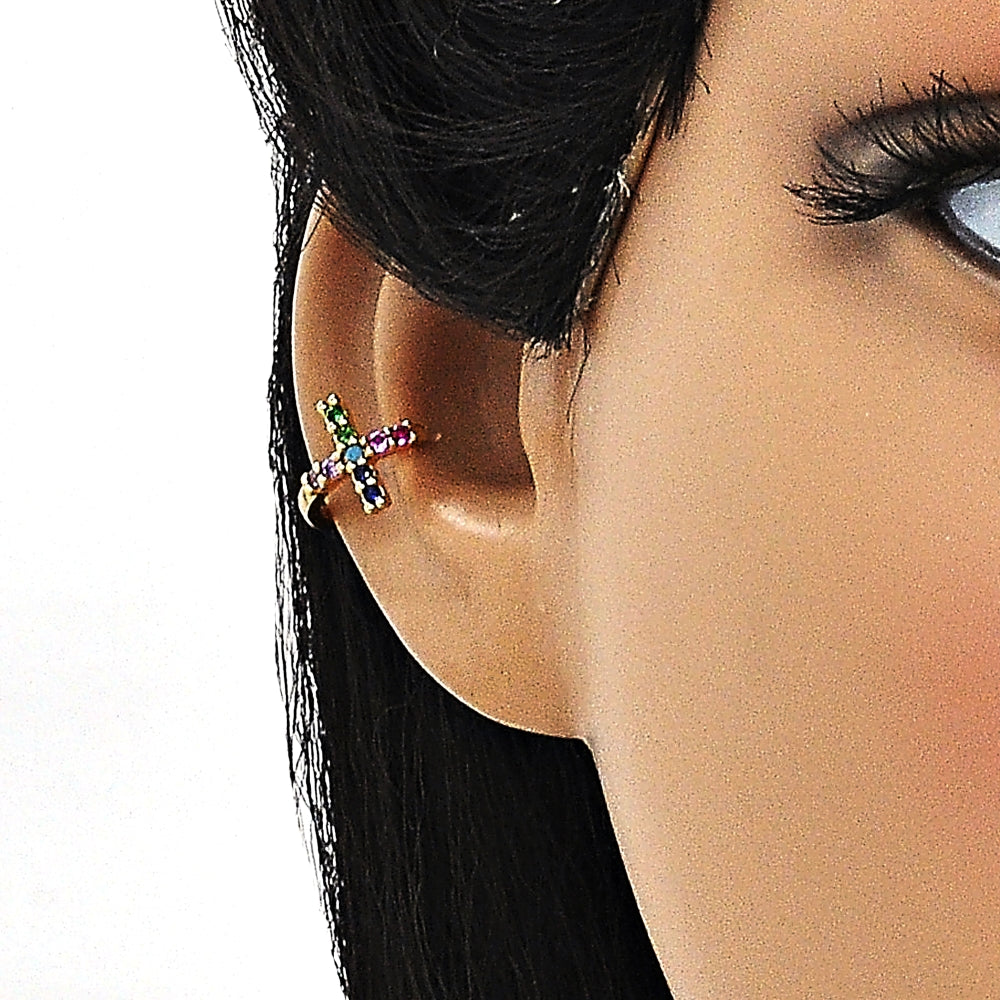 Oro Laminado Earcuff, Gold Filled Style Cross Design, with Multicolor Micro Pave, Polished, Golden Finish