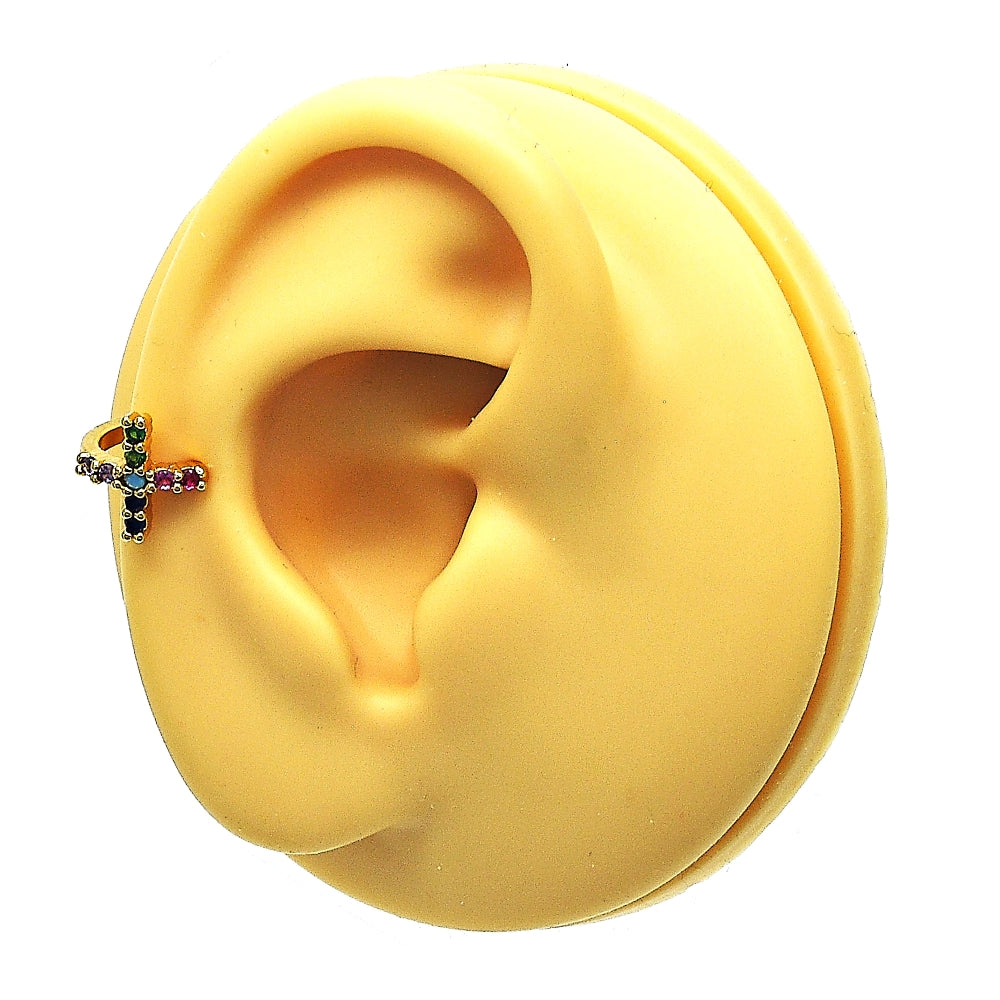 Oro Laminado Earcuff, Gold Filled Style Cross Design, with Multicolor Micro Pave, Polished, Golden Finish