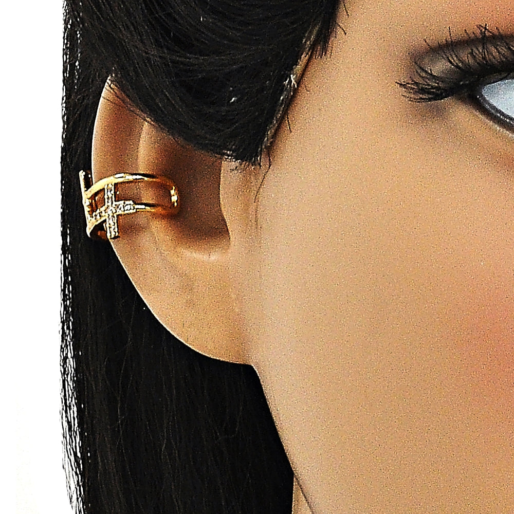Oro Laminado Earcuff, Gold Filled Style Cross Design, with White Micro Pave, Polished, Golden Finish