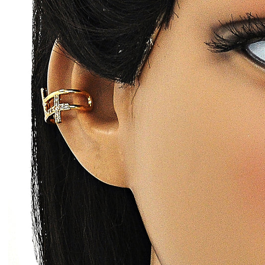 Oro Laminado Earcuff, Gold Filled Style Cross Design, with White Micro Pave, Polished, Golden Finish