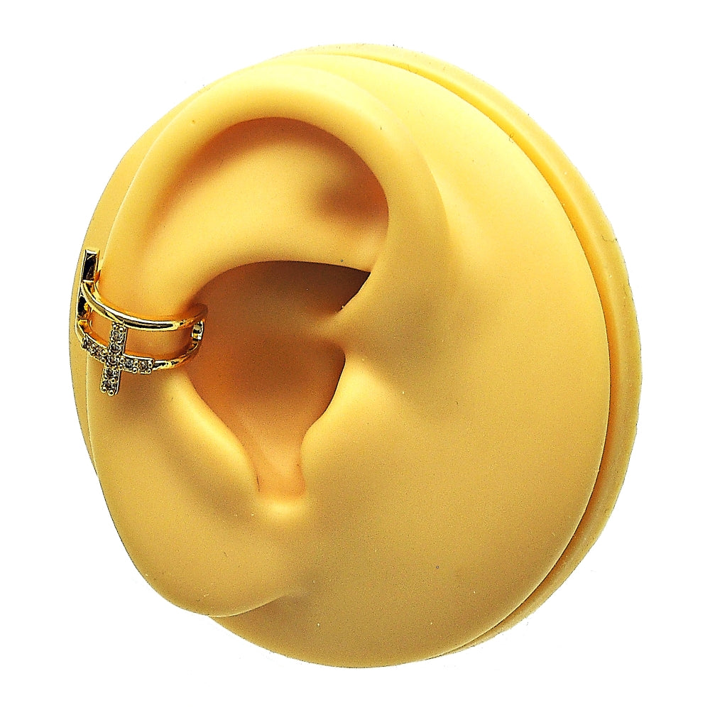 Oro Laminado Earcuff, Gold Filled Style Cross Design, with White Micro Pave, Polished, Golden Finish