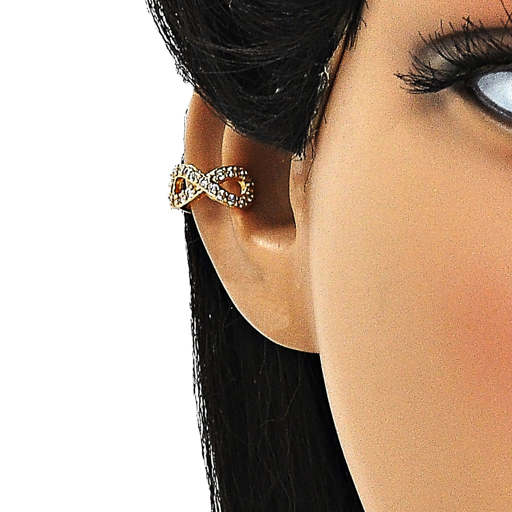 Oro Laminado Earcuff, Gold Filled Style Infinite Design, with White Micro Pave, Polished, Golden Finish