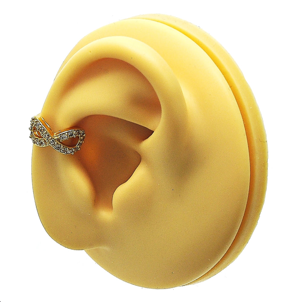 Oro Laminado Earcuff, Gold Filled Style Infinite Design, with White Micro Pave, Polished, Golden Finish