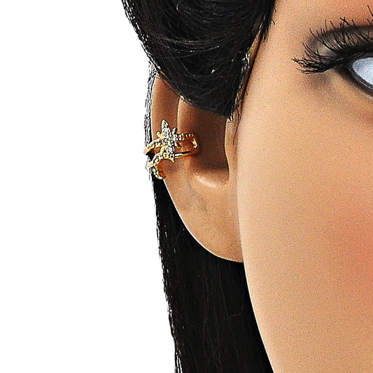 Oro Laminado Earcuff, Gold Filled Style Moon Design, with White Micro Pave, Polished, Golden Finish