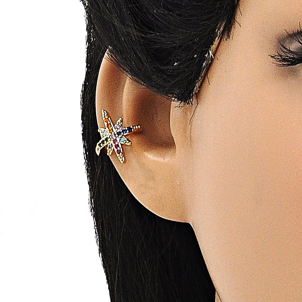 Oro Laminado Earcuff, Gold Filled Style with Multicolor Micro Pave, Polished, Golden Finish