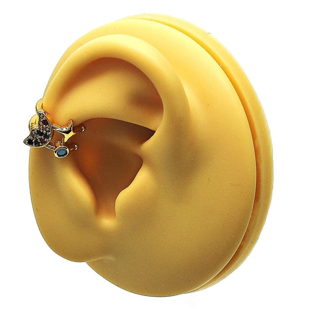 Oro Laminado Earcuff, Gold Filled Style Moon Design, with Multicolor Micro Pave and Turquoise Cubic Zirconia, Polished, Golden Finish