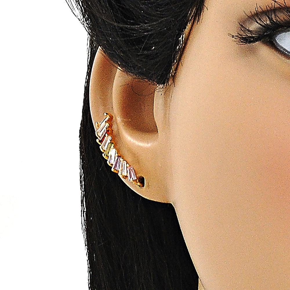 Oro Laminado Earcuff, Gold Filled Style Baguette Design, with Multicolor Cubic Zirconia, Polished, Golden Finish